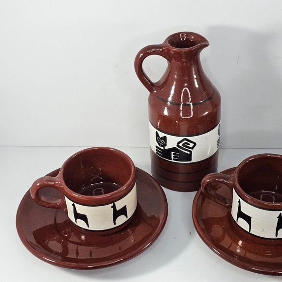 Los Reyes Lima Peru Art Pottery Cup Saucer Pitcher Llama Alpaca Ca Hand Painted - Picture 5 of 16